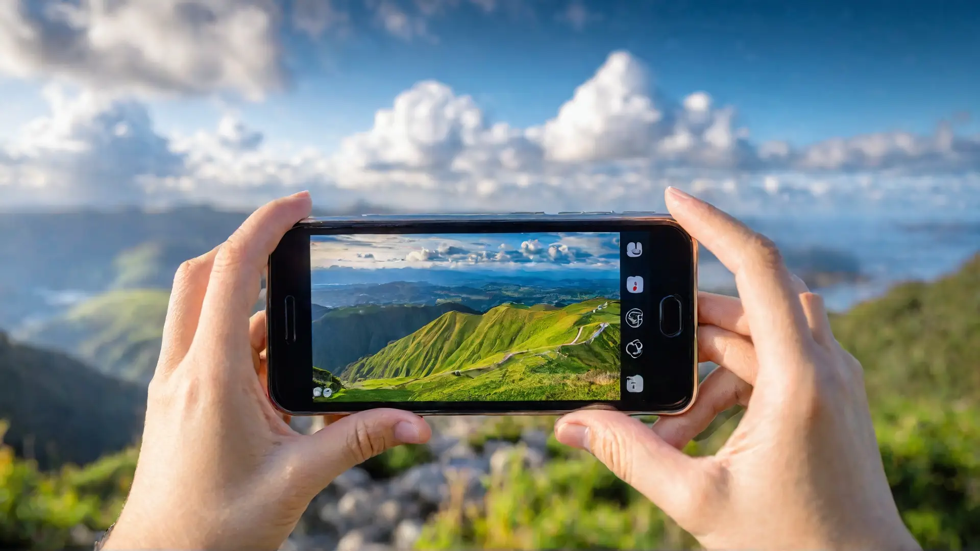 concurso de fotografia oeiras 2025 duas mãos a segurar um smartphone enquadrando paisagem montanhosa